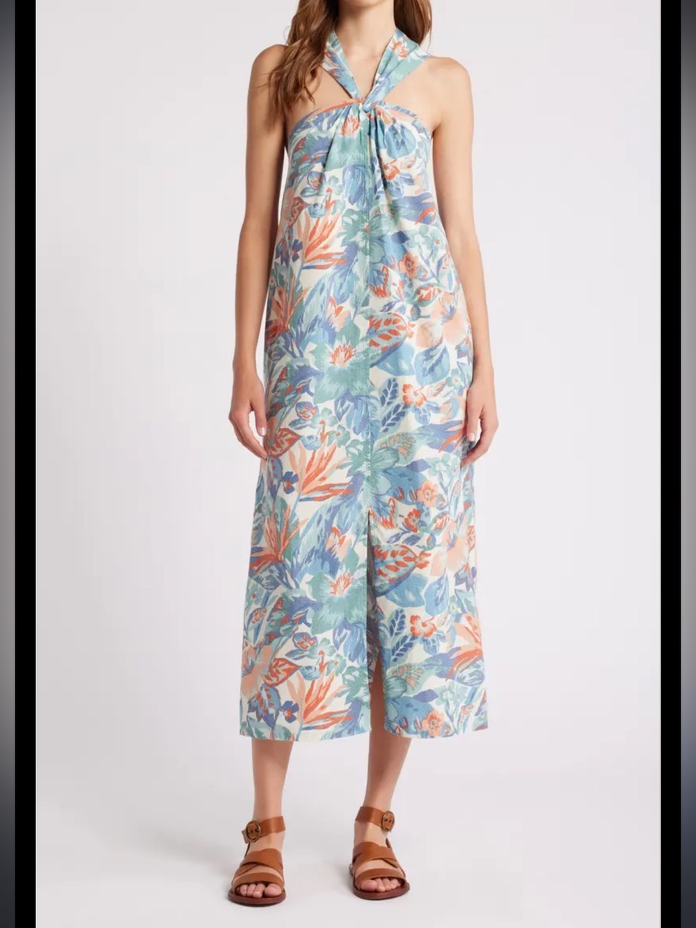Faherty Paradise Blossom floral twist seersucker halter dress. Size large